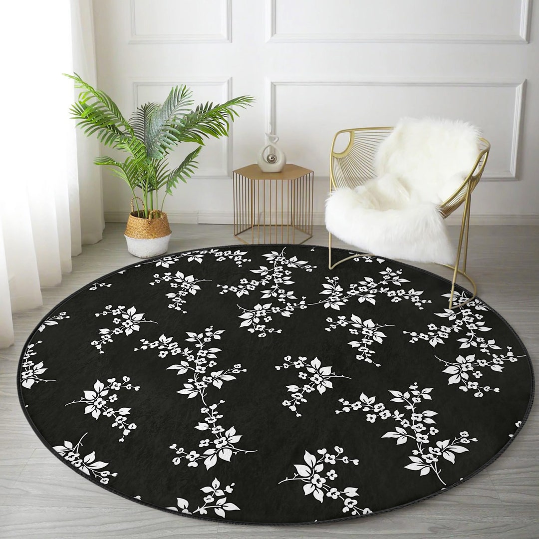 Floral Round Rug, White Flowers on Black Background Circle Rug, Anti ...