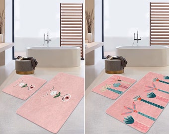 Set of 2 Abstract Bath Mat, Pink Bathroom Mat, Anti Slip Floor Mat, Abstract Trees Kitchen Mat, Shower Entrance Mat, Pink Bathroom Decor