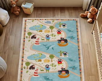 Tapis carte au trésor pirate : décoration pour chambre d'enfants - antidérapant, lavable en machine