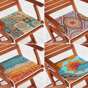 Mandala Seat Pads with Ties, Tribal Pattern Chair Cushion, Bohemian Chair Pad, Boho Chic Bench Seat Cushion, Ethnic Home Decorations
