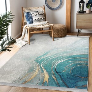 Marble Design Rug, Non-slip Area Rugs With Gold Detail, Gray & Aqua ...