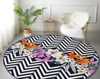 Colorful Floral Round Rug, Black & White Chevron Circle Rug, Non Slip Zigzag Pattern Round Carpet, Floral Kitchen Rugs, Mat for Front Door