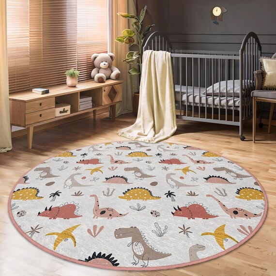 Dinosaur Boys Room Rug, Non-Slip Dino World Kids Rug, Jurassic Adventure  Play Mat, Washable Nursery Round Rug, Fun Dinosaur Children's Rug
