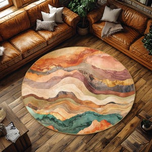 Abstract Landscape Round Rug, Earth Tones Circle Mat, Anti-Slip Abstract Mountains Rug, Boho Landscape Circle Rug, Minimalist Round Carpet
