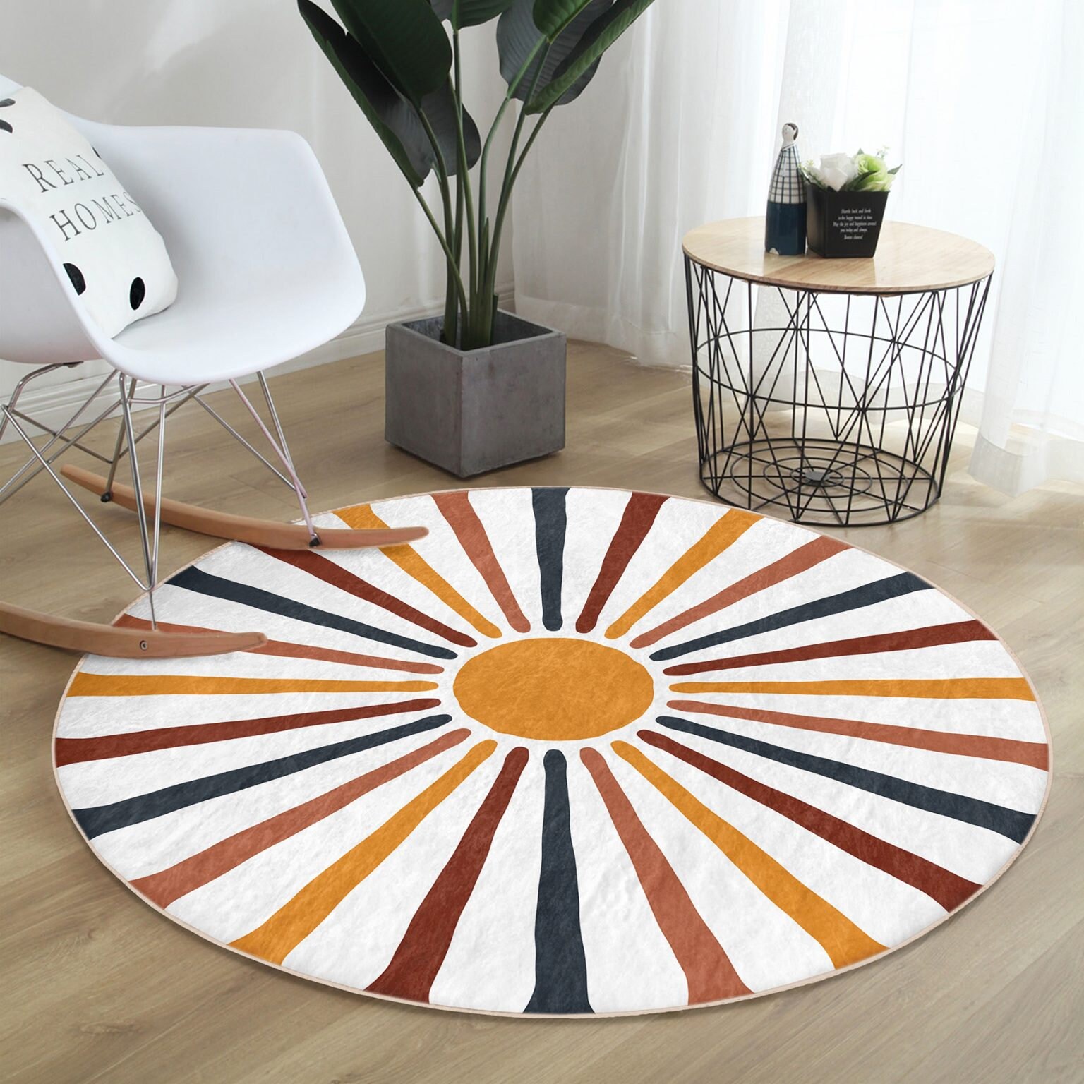 Sun and Sunshine Round Rug, Retro Circle Rug, Anti Slip Bohemian Round