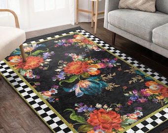 Checkered Hallway Runner Rug, Orange Floral Pattern (Non-Slip, Multiple Sizes)
