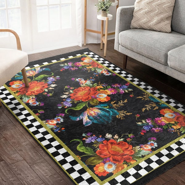 Floral Area Rug, Black & White Checkered Rugs, Orange Flowers Carpet, Anti Slip Floral Living Room Rug, Check Kitchen Rug, Trendy Floor Mat