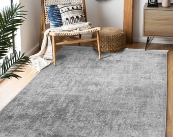 Gray Area Rugs, Solid Color Non-Slip Carpet, Minimalist Living Room Rug, Washable Kitchen Rug, Multi-Purpose Carpet, Fringed Runner Rug