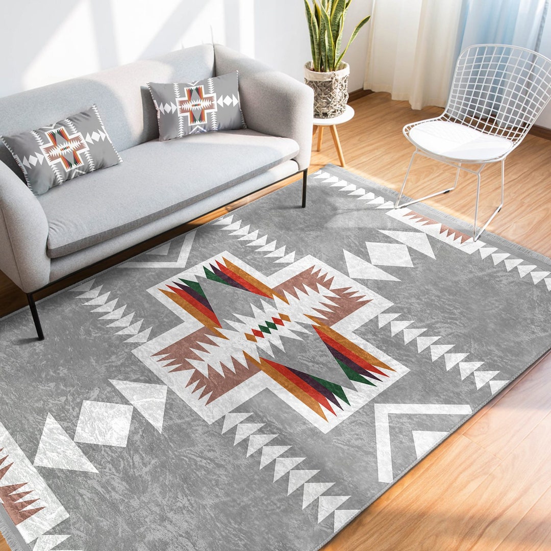 Gray Aztec Rug, Southwestern Non-slip Carpet, Geometric Living Room Rug ...