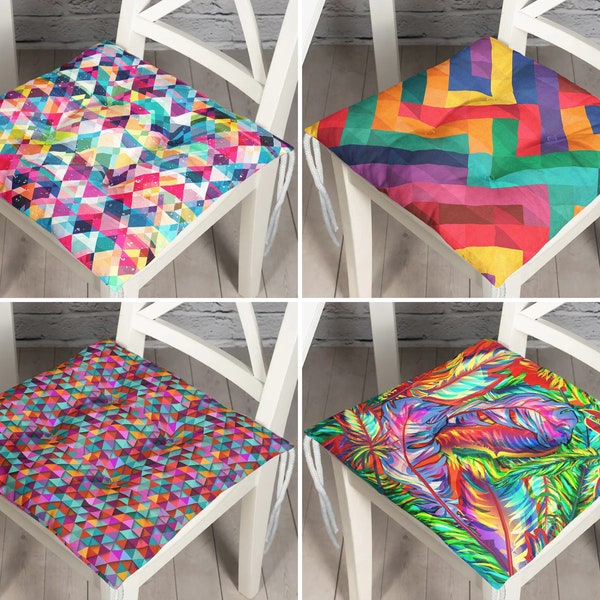 Cojines de asiento con patrón geométrico multicolor, cojín de asiento de silla de plumas de colores con corbatas, cojines de silla al aire libre de pluma, fundas de sillas de cocina