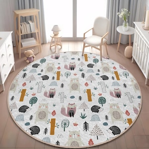 Wild Animals Round Nursery Rug, Non-Slip Forest Circle Play Mat, Woodland Animals Kids Rug, Boho Children&#39;s Rug, Scandinavian Nursery Decor