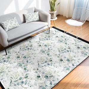 Tropical Area Rugs, Non-Slip Green Leaves Rugs, Watercolor Living Room Rug, Botanical Kitchen Rug, Rugs for Bedroom, Fringed Floral Carpet