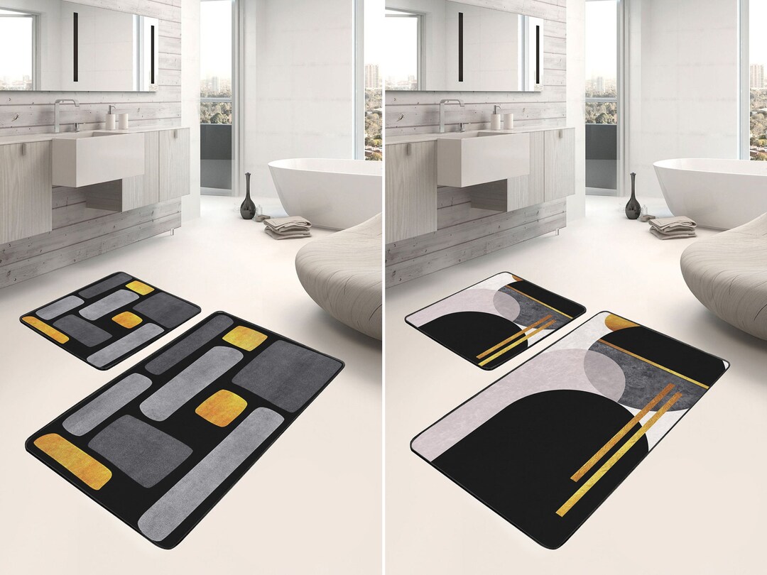 Modern Black Bath Mat, Abstract Shapes Bath Rug, Black & Gold Floor Mat ...
