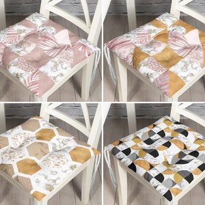 Mixed Geo Shapes Puffy Chair Cushion, Pentagon Garden Kitchen Chair Cover With Ties, Patio Outdoor Cushion, Geometric Patio Chair Pad