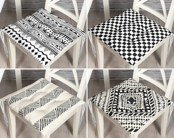 Scandinavian White Black Chair Pad,  Monochromatic Seat Pads, Aztec Chair Cushion With Ties, Black White Patio Decor, Outdoor Seat Cushion