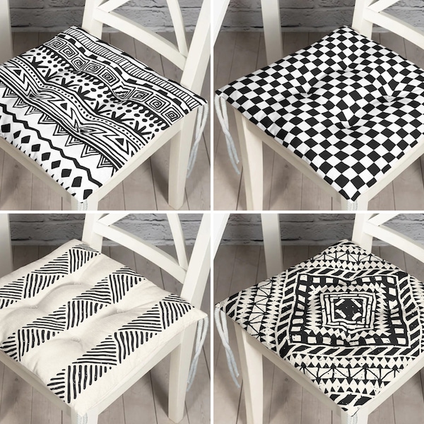 Scandinavian White Black Chair Pad,  Monochromatic Seat Pads, Aztec Chair Cushion With Ties, Black White Patio Decor, Outdoor Seat Cushion