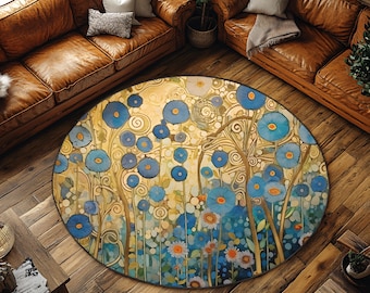 Abstract Floral Rug, Gustav Klimt Style, Blue Gold (Round, Multiple Sizes)