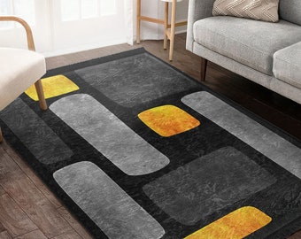 Entryway Rug: Abstract Black Yellow Design - Non-Slip Polycotton