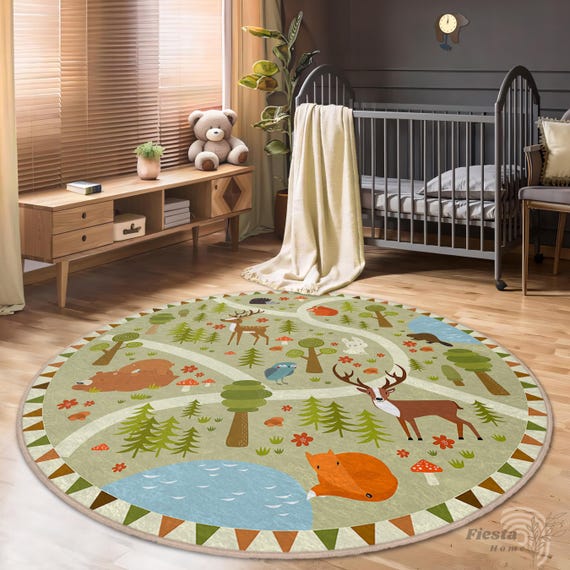 Children’s Forest Animal Rug - Green Trees, Non-Slip Play Carpet