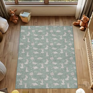 Babyteppich mit niedlichen Kaninchen, Kaninchenteppich, Grüner Teppich, Kinderzimmerteppich, Kinderteppich