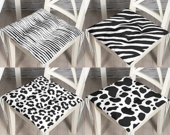 Striped Black White Puffy Chair Cover, Leopard Style Kitchen Seat Pad With Ties, Patio Deco, Zebra Outdoor Chair Cushion, Cow Design Cushion