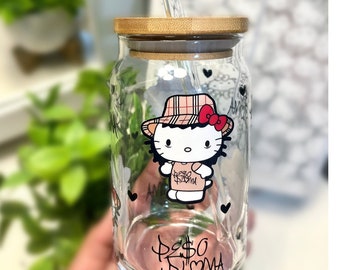 Lata de vidrio Peso Pluma Hello Kitty: Taza para café helado con tapa de bambú