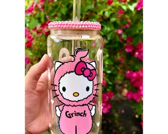 Vaso de café helado navideño de Kitty / Grinch rosa, lata de 16 oz