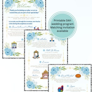 Op de afbeelding: Een printbaar huwelijksprogramma voor een Sikh-huwelijksceremonie. Het programma heeft een blauw en gouden bloemenontwerp met illustraties van de verschillende rituelen, waaronder de aankomst van de Baraat en de Milni, Ardas, Palle Di Rasam, Lanvan, Karah Prasad, Jagan en Langar. Het programma bevat ook de tekst "Just Married" in een cirkel.