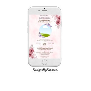 May include: A pink and white digital invitation with floral accents. The invitation is for a Sri Sukhmani Sahib Paath on January 6, 2024, from 10am to 12pm. The event will be held at Gurudwara Shri Dashmesh Darbar, 97/101 Rosemary Ave, London, E12 8PJ. The invitation also includes the text "In loving memory of Sardarni Cursimar Kaur".