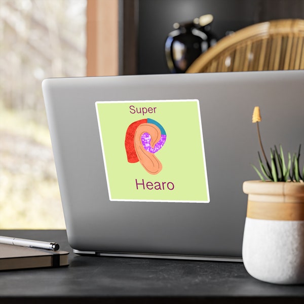 Super Hearo Vinyl Die-Cut Stickers, Hard Of Hearing Sticker, Hearing Aid Sticker, Deaf Artwork, Pink And Green Decal, Hearing Impaired Alert