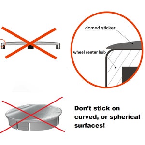May include: Diagram illustrating a domed sticker application on a wheel center hub. The image includes a warning: "Don't stick on curved, or spherical surfaces!" with a red "X" over an example of a curved surface.