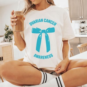 Teal Bow Ovarian Cancer Comfort Colors Tee, Ovarian Cancer Awareness T-Shirt, Ovarian Cancer Support Shirt, Ovarian Cancer Gift