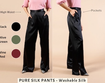 Washable Silk Pant| High Waisted Wide Leg Trousers| Washable Mulberry Silk Pull On Pant |  Silk Charmeuse| XS,S,M,L,XL