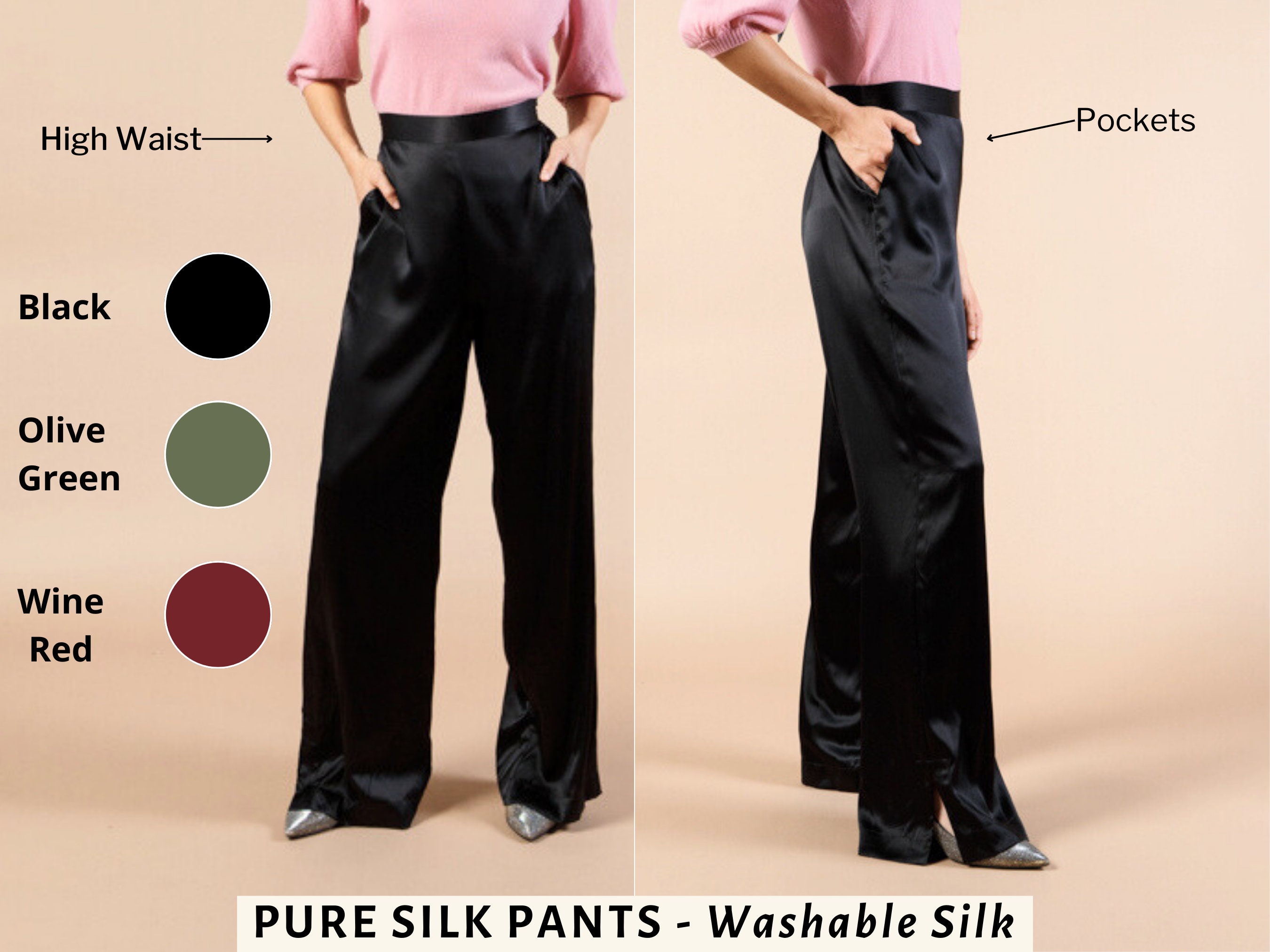 Washable Silk Pant High Waisted Wide Leg Trousers Washable Mulberry Silk  Pull on Pant Silk Charmeuse XS,S,M,L,XL 