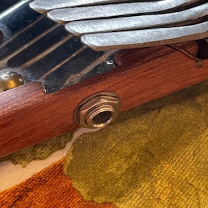 Peut inclure: Gros plan sur un instrument de musique en bois avec une caisse de résonance en métal et une prise de sortie argentée.