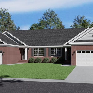 Puede incluir: Una casa de estilo ranch de ladrillo con un techo gris y dos puertas de garaje blancas. La casa tiene un porche delantero con un camino de ladrillos que conduce a la puerta principal.