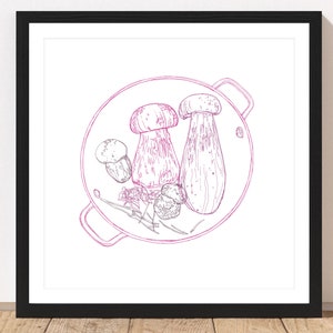 Mushroom Art Print | Line Drawing Illustration, Line Drawing Art Print, Minimal Wall Art, Mushroom Print, Print for Chef, Restaurant Art