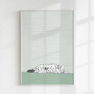 Cat Line Art Printable Poster | Sage Green Minimalist Abstract Digital Wall Art