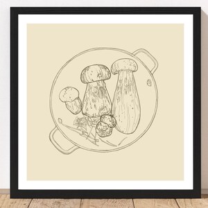 Mushroom Art Print | Cream Line Drawing Illustration, Artwork for Chefs, Restaurant Mushroom Art