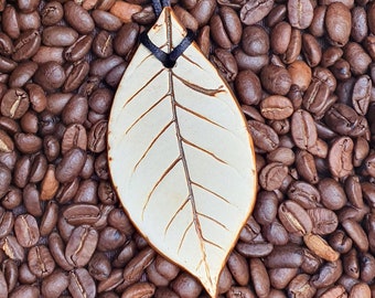 Coffee leaf ceramic pendant, nature jewelry, custom necklace, clay, 4×9 cm, brown, botanical jewerly, handmade gift, one of a kind, Coffea