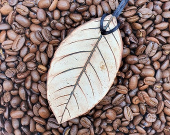 Coffee leaf ceramic pendant, nature jewelry, custom necklace, clay, 5.5×10 cm, brown, plant lover gift, unique gift, one of a kind, Coffea