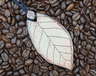 Coffee leaf ceramic pendant, nature jewelry, custom necklace, clay, 5×10 cm, brown, plant lover gift, unique gift, one of a kind, Coffea