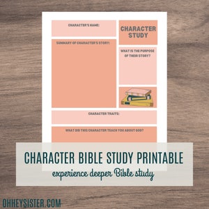 May include: Printable worksheet for a character Bible study. The worksheet has sections for the character's name, summary of their story, character traits, and what the character teaches about God. The worksheet has a peach background and a stack of books illustration.
