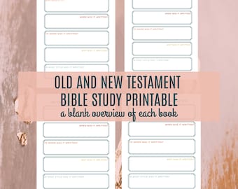 May include: Printable Bible study worksheet with a blank overview of each book. The worksheet includes sections for who wrote the book, when it was written, to whom it was written, why it was written, and in what style it was written.