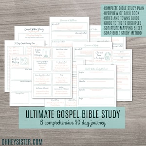 May include: A printable guide for a 30-day Gospel Bible study. The guide includes a scripture mapping sheet, a guide to the 12 disciples, and a SOAP Bible study method.