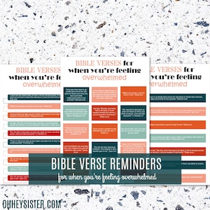 Puede incluir: Un conjunto imprimible de versículos bíblicos para cuando te sientas abrumado. Los versículos están impresos en un esquema de color turquesa y melocotón con un fondo blanco. El texto incluye "BIBLE VERSES for when you're feeling overwhelmed" y "BIBLE VERSE REMINDERS for when you're feeling overwhelmed".