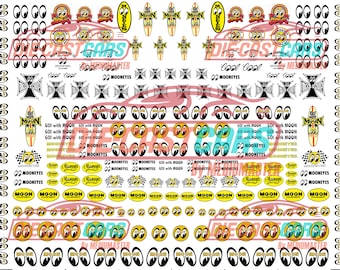 Calcomanías para autos de metal fundido con el logo de Moon Eyes / Hoja de calcomanías de transferencia al agua a escala 1:64