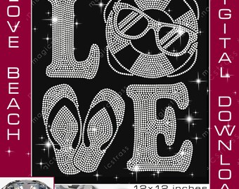Love Beach SS6 Strass Bügelbild Transferdatei, Sofort Digital Download, svg, dxf, Strass Vorlage, Sommer Glitzer Art, Silhouette, CRICUT