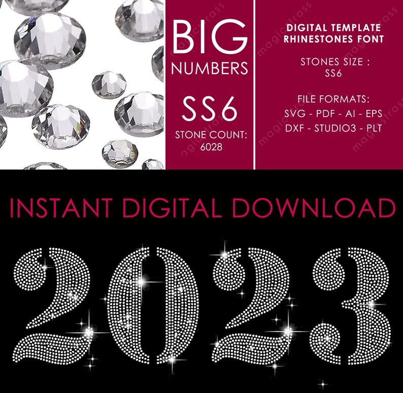 Large SS6 Strass Numbers Iron On Transfer Template, Instant Digital Download, svg, eps, dxf, Rhinestone Design for Cricut Silhouette Plotter