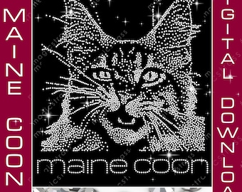 Retrato de gato Maine Coon SS6 con diamantes de imitación, SVG, descarga digital instantánea, plantilla de diamantes de imitación para Cricut, Silhouette y plotter.